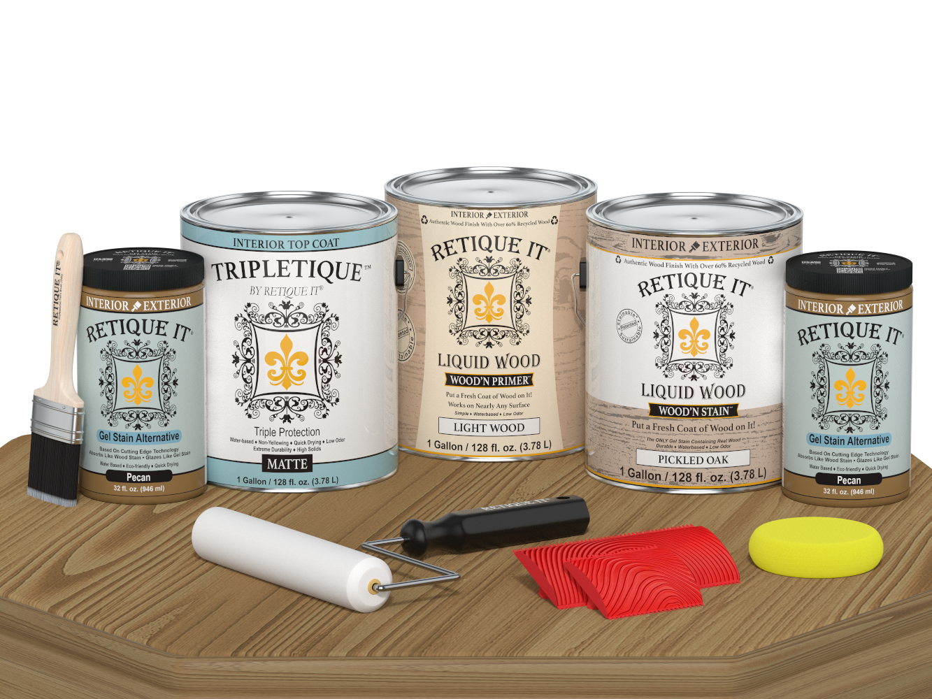 Multi-purpose Wood'n Kit by Retique It® in Pickled Oak with matte finish, featuring interior top coat and four large wood finish bottles.