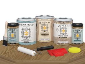 Multi-purpose Wood'n Kit by Retique It® in Pickled Oak with matte finish, featuring interior top coat and four large wood finish bottles.