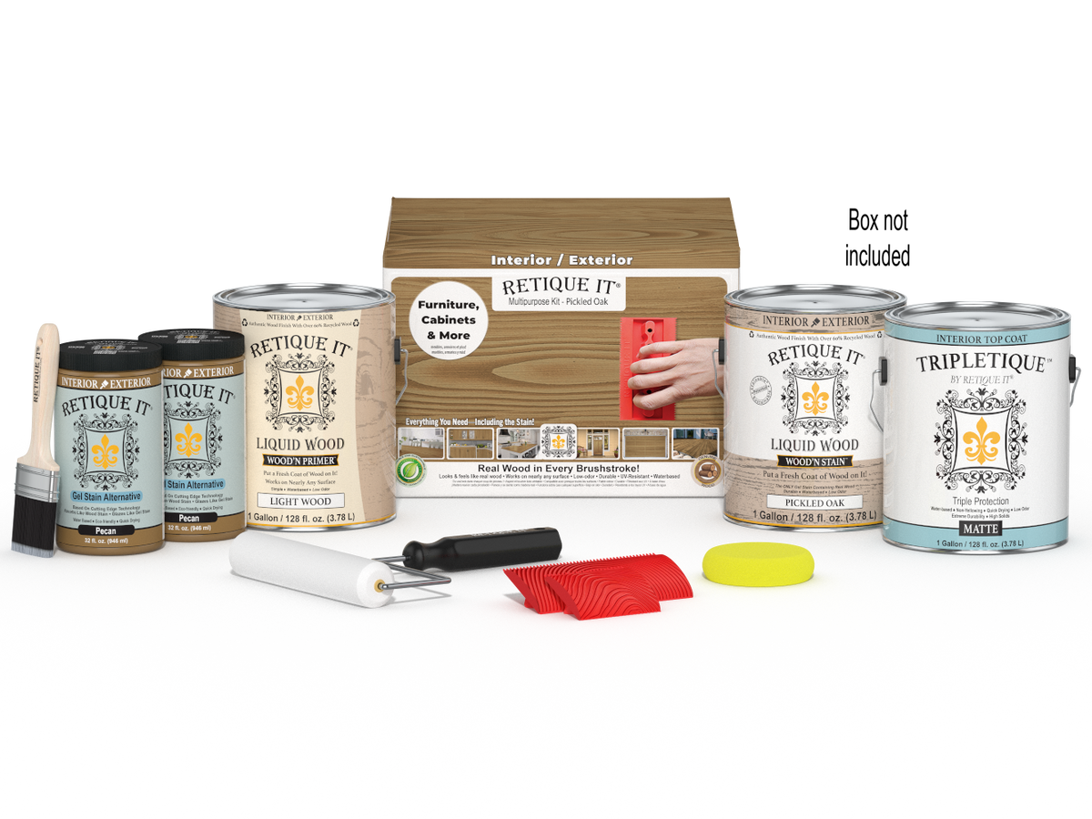 Retique It® Wood'n Finish Kit with four large pickled oak interior top coat bottles and applicator tools in a box.