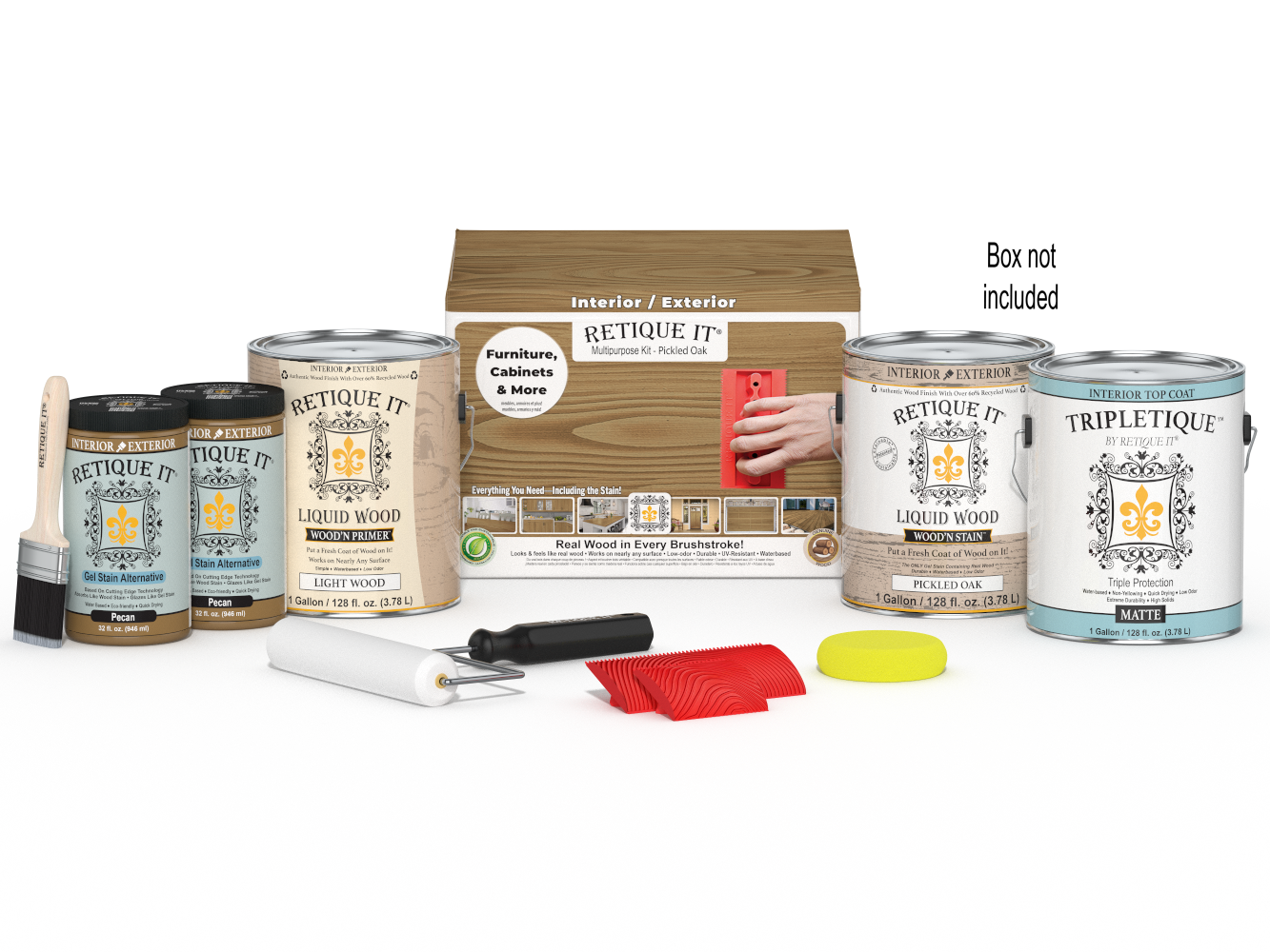 Retique It® Wood'n Finish Kit with four large pickled oak interior top coat bottles and applicator tools in a box.