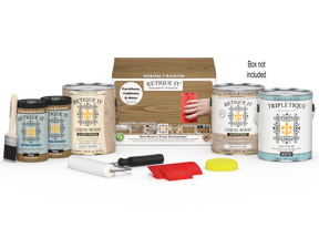 Retique It® Wood'n Finish Kit with four large pickled oak interior top coat bottles and applicator tools in a box.