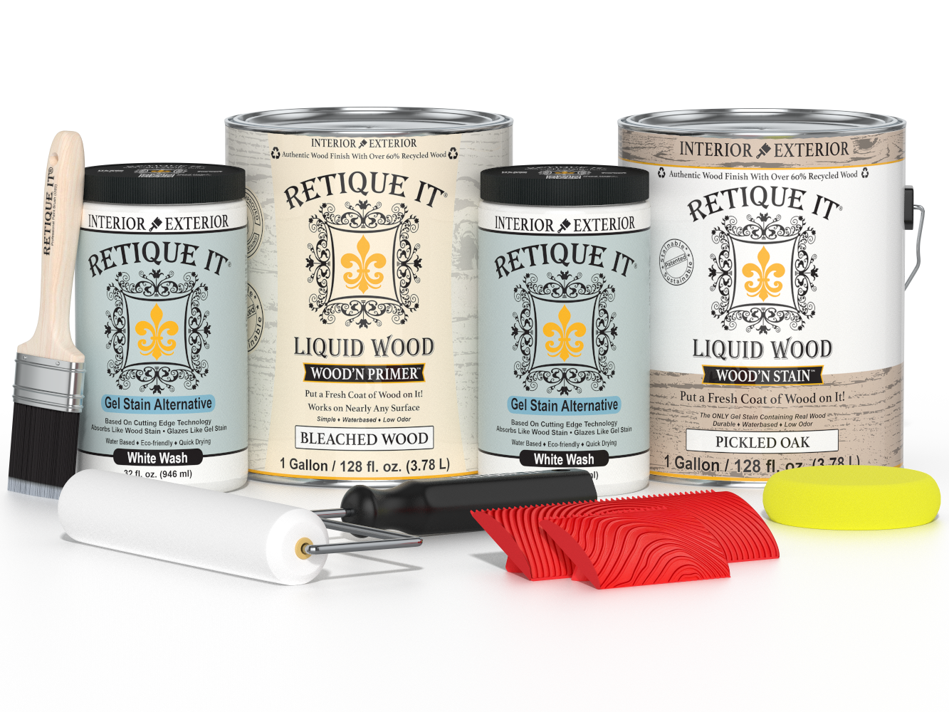 Sun-bleached Wood'n Kit by Retique It® with four large wood finish bottles and application tools for multi-purpose wood finishing.