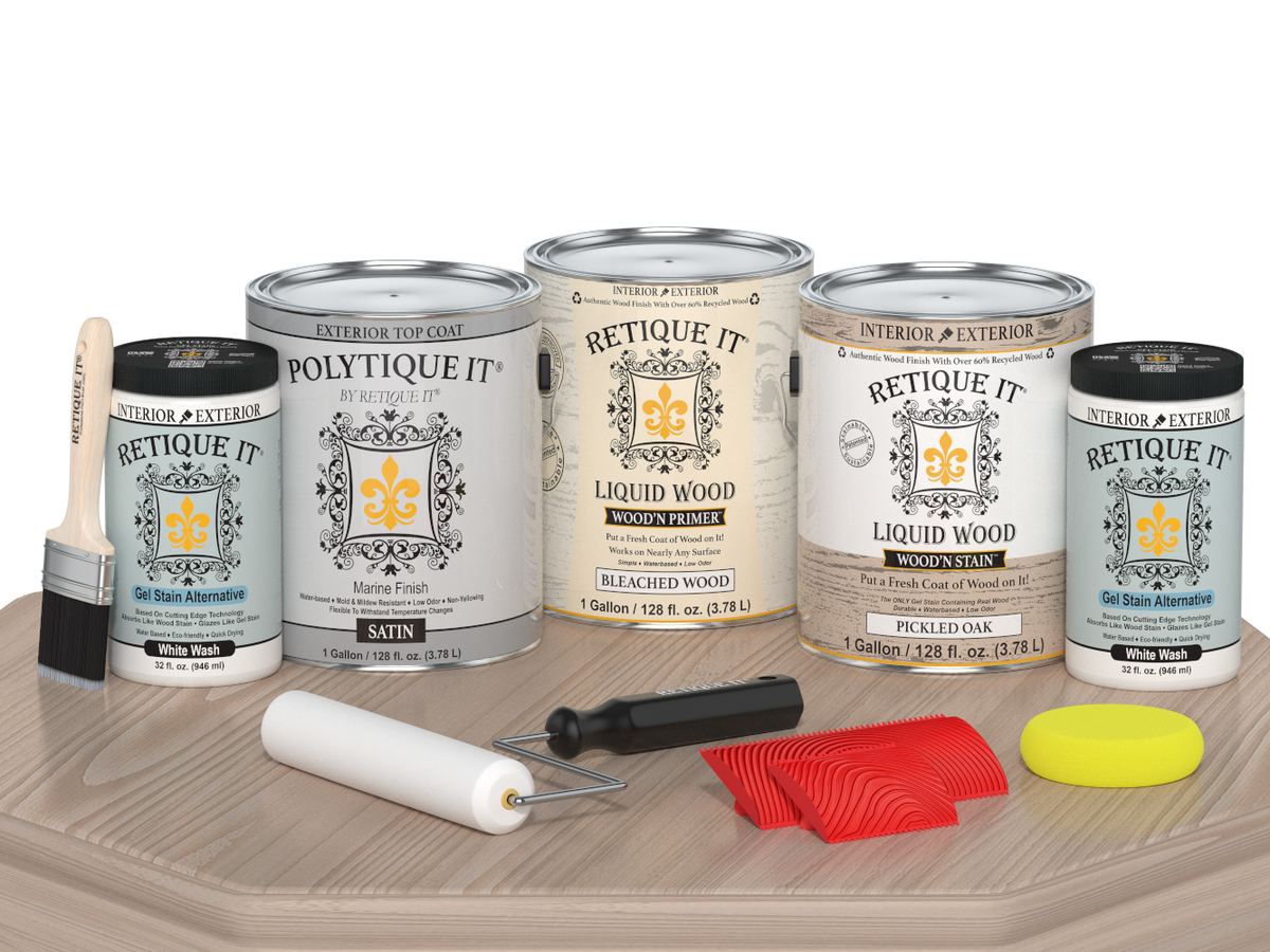 Retique It® Wood'n Finish Kit for decking, Sun Bleached color, satin finish, includes wood treatment components on a table.