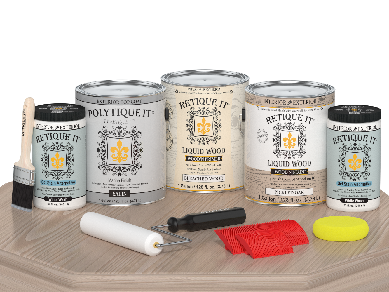 Sun-bleached Wood'n Kit exterior top coat by Retique It® with four large wood finish containers on a table in satin finish.