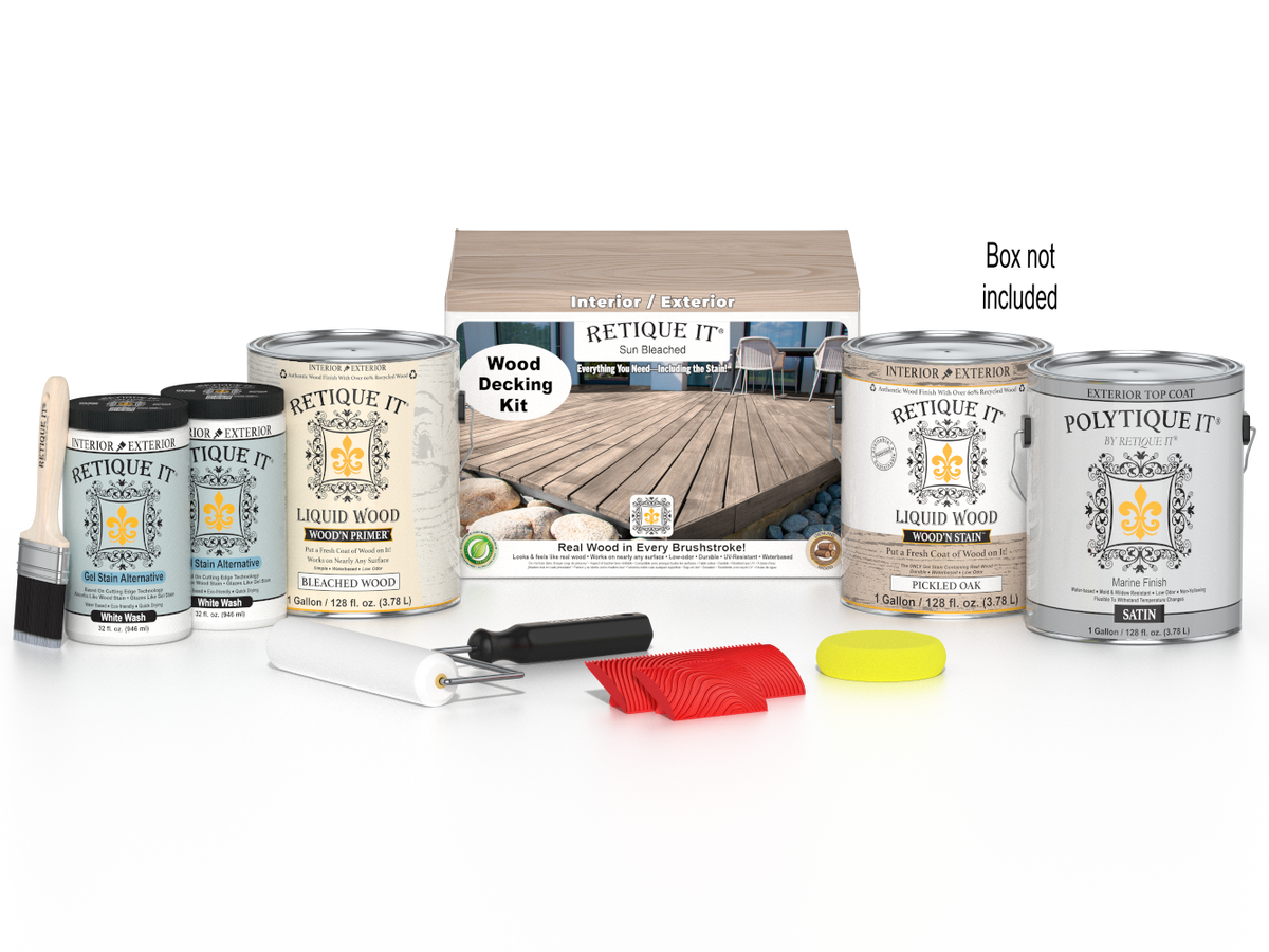 Sun-bleached Decking Wood'n Finish Kit by Retique It® with wood finish swatches and application tools for outdoor decking.