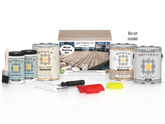 Sun-bleached Decking Wood'n Finish Kit by Retique It with wood finish swatches and application tools for outdoor decking.