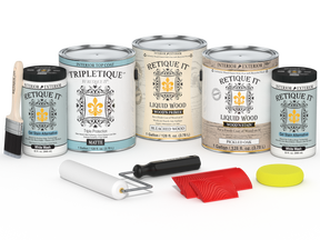 Retique It® Wood'n Kit Multi-purpose wood finish set with four large sun-bleached interior top coat bottles, matte finish.