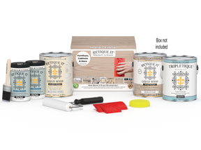 Retique It® Wood'n Finish Kit with four large sun-bleached interior top coat bottles and applicator brushes in a box.