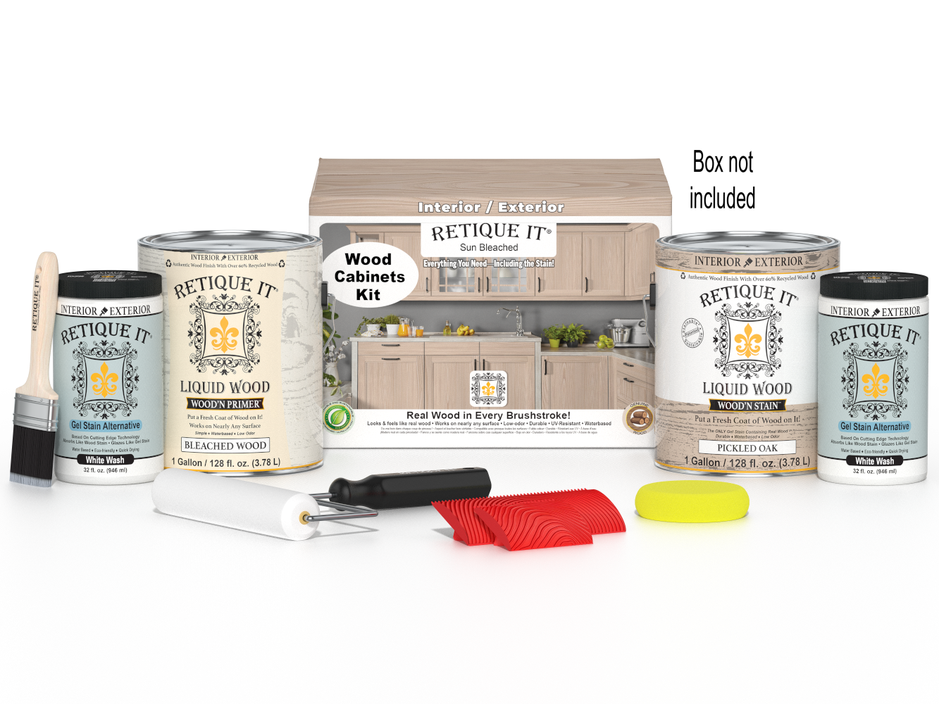 Sun bleached Wood'n Cabinet Kit with 48 grained cabinet doors from Retique It® Wood'n Finish Kits, including box and accessories.