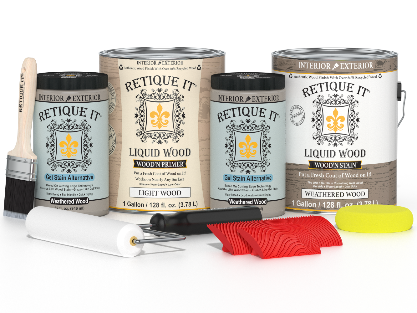 Retique It® Wood'n Cabinet Kit with weathered wood stain, 48 grained cabinet doors for DIY kitchen or furniture renovation.