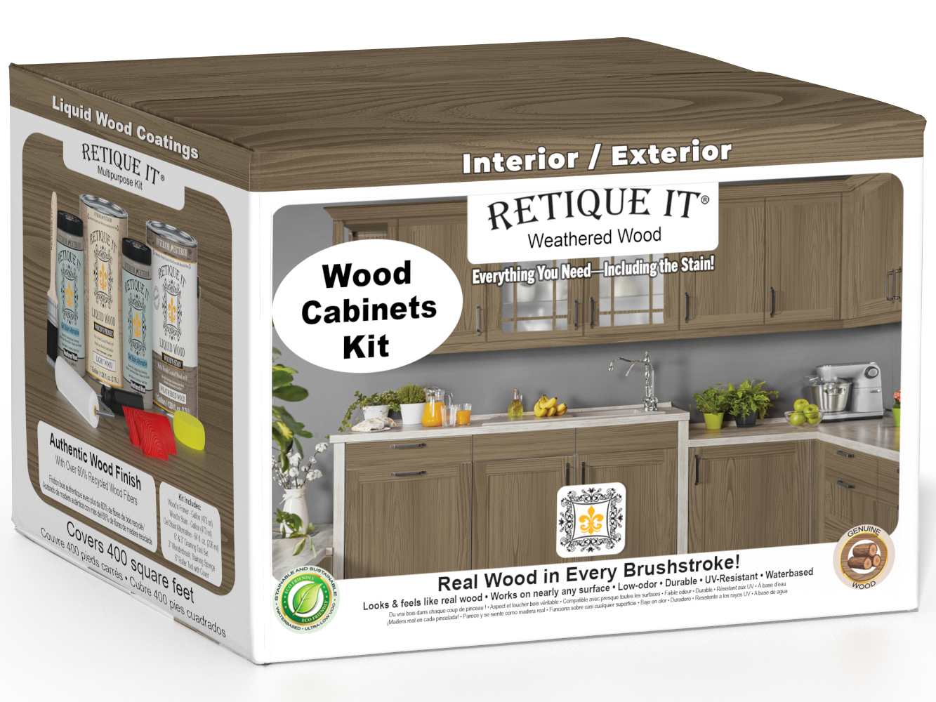 Weathered Wood stained Wood'n Cabinet Kit with 48 grained doors from Retique It® for cabinet renovation and durable wood finish.