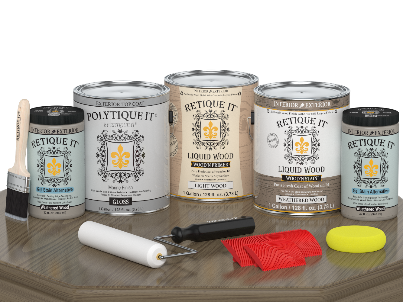 Glossy weathered wood finish kit by Retique It® for outdoor wooden surfaces, includes four large wood’n top coats in Weathered Wood.