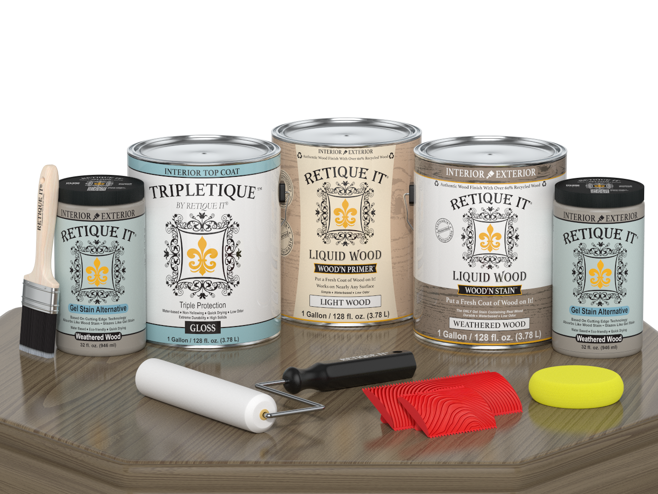 Glossy weathered wood finish kit from Retique It® Wood'n Finish Kits, includes four large weathered wood top coat bottles.