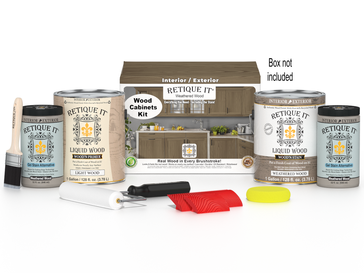 Weathered Wood stain kit by Retique It® for wood cabinets, featuring 48 grain door samples and staining options.