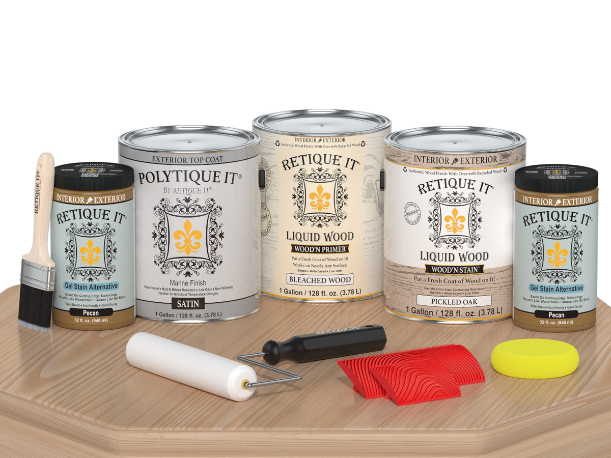 Retique It® White Oak Decking Wood'n Kit stain sample on a table showing satin finish for wooden decking projects.