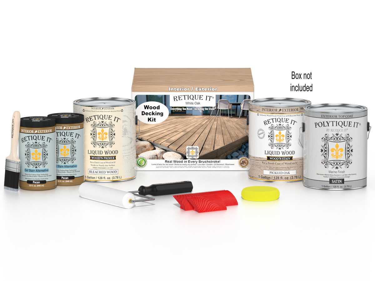 White Oak Decking Wood'n Kit stain by Retique It®, showing a box of staining supplies for outdoor wooden decks.