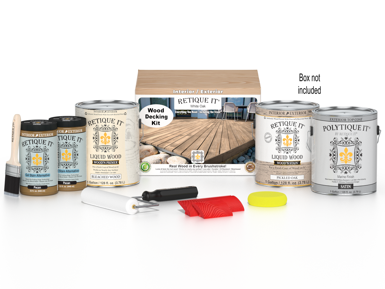 White Oak Decking Wood'n Kit stain by Retique It®, showing a box of staining supplies for outdoor wooden decks.