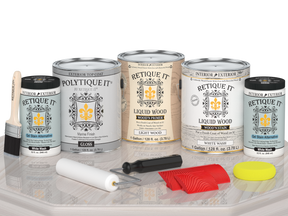 Retique It® Wood'n Finish Kit in white wash with glossy top coat, shown on a table for multi-purpose exterior wood finishing.