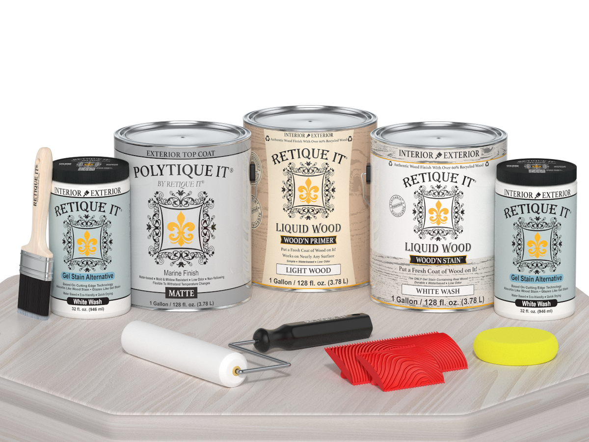 Retique It® Wood'n Finish Kit in White Wash, exterior top coat with four large containers, matte finish for wood surfaces.