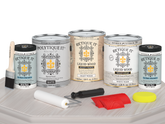 Retique It® Wood'n Finish Kit in White Wash, exterior top coat with four large containers, matte finish for wood surfaces.