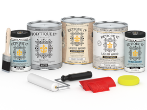 Retique It® Wood'n Finish Kit in White Wash, multi-purpose exterior top coat with four large containers, matte finish, for wood surfaces.