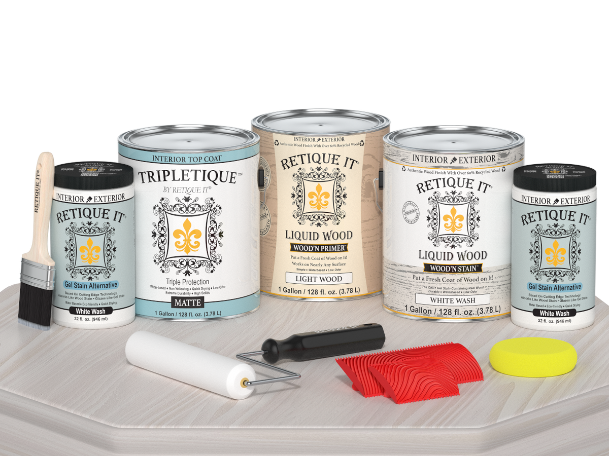 Retique It® Wood'n Finish Kit in White Wash with Matte top coat, includes four large interior wood finishing supplies on a table.