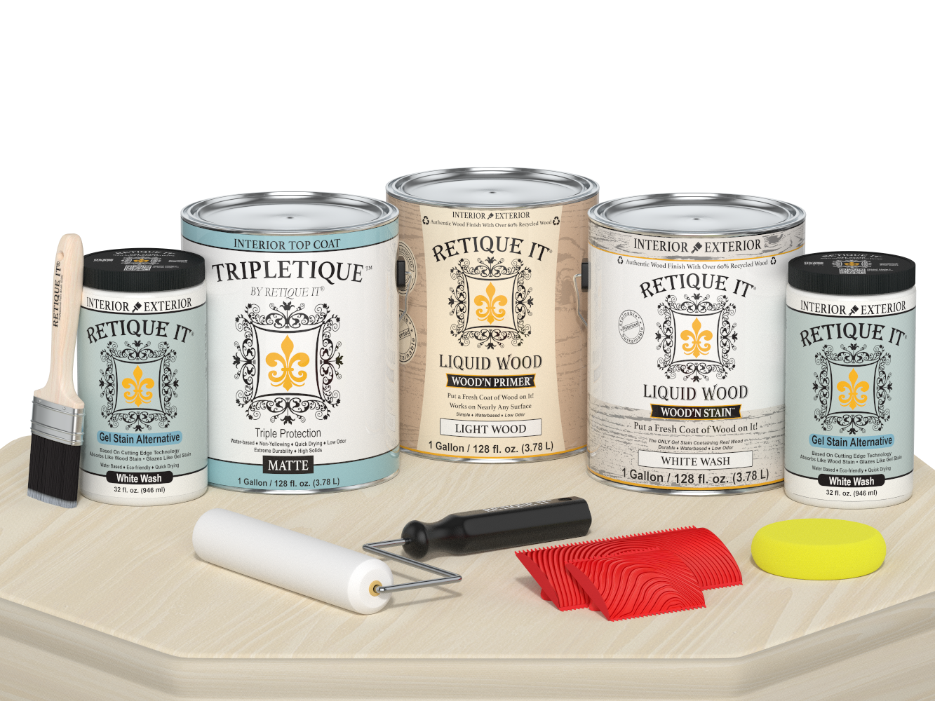 Retique It® Wood'n Finish Kit in White Wash, interior top coat set with four large bottles, matte finish for wood projects.
