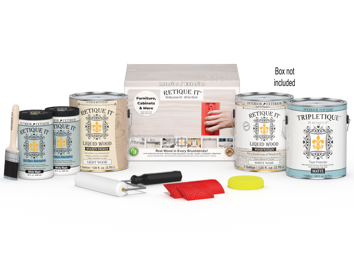 Retique It® Wood'n Finish Kit, Multi-purpose White Wash interior top coat, includes four large containers with application tools.