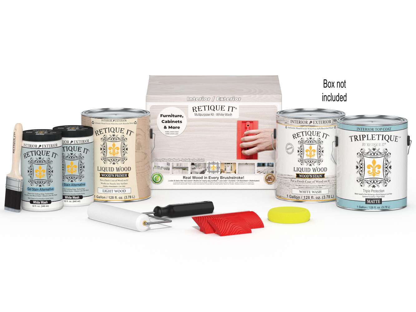 Retique It® Wood'n Finish Kit, Multi-purpose White Wash interior top coat, includes four large containers with application tools.