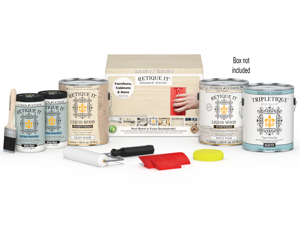 Retique It® Wood'n Finish Kit in White Wash for interior top coat, includes four large wood finish bottles and application box.
