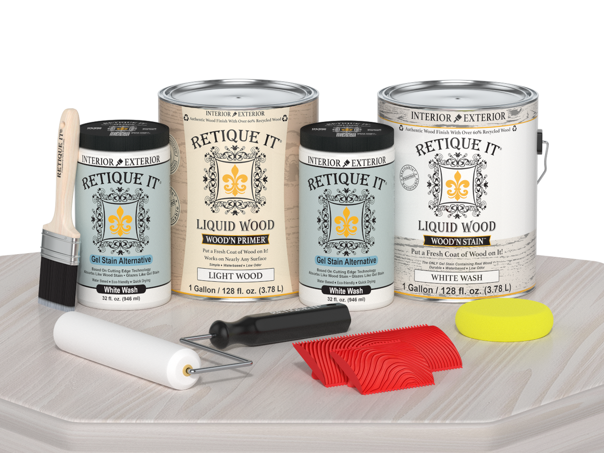 Retique It® Wood'n Finish Kit in White Wash, multi-purpose kit with four large containers, displayed on a table.