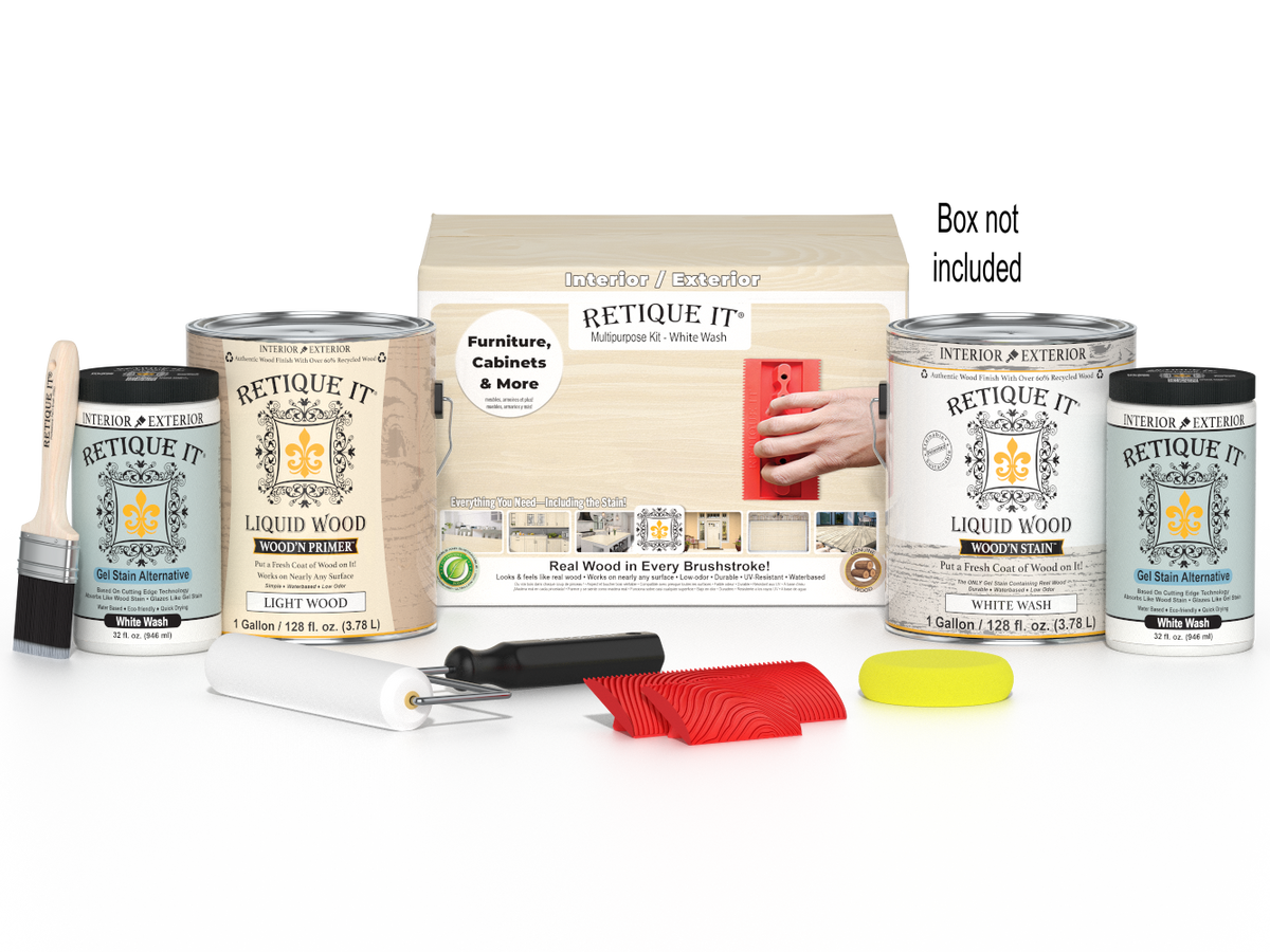 Retique It® Wood'n Finish Kit in White Wash with four large containers, designed for multi-purpose wood finishing projects.