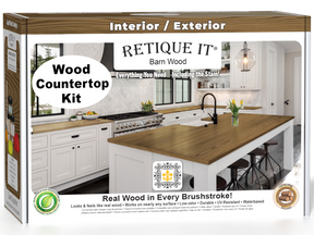 Retique It® barn wood stain kit for kitchen island countertops, featuring a wooden box with stain samples and application tools.