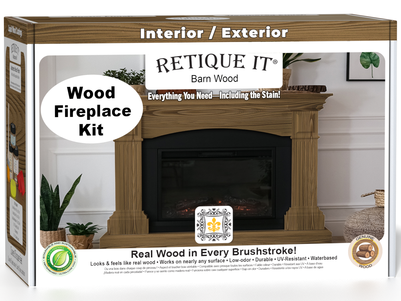 Retique It® Walnut fireplace wood finish kit for full fireplace, featuring stain and finishing tools in a box.