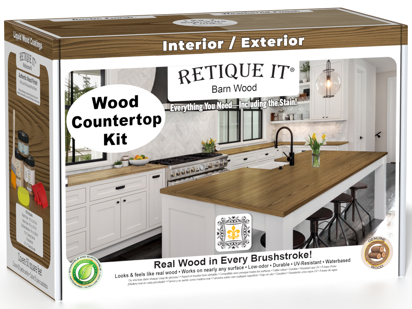 Retique It® barn wood stained countertop kit for kitchen islands, featuring natural wood grain and rustic finish.