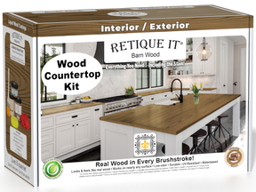 Retique It® barn wood stained countertop kit for kitchen islands, featuring natural wood grain and rustic finish.