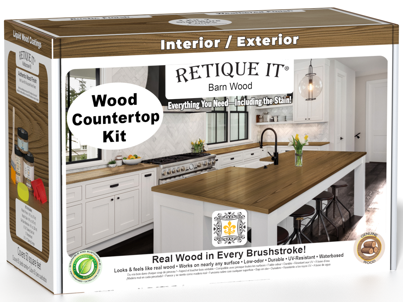 Retique It® barn wood stain countertop kit for kitchen islands, featuring natural wood grain and rustic finish.