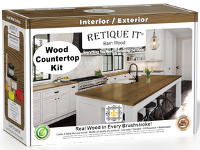 Retique It® barn wood stain countertop kit for kitchen islands, featuring natural wood grain and rustic finish.