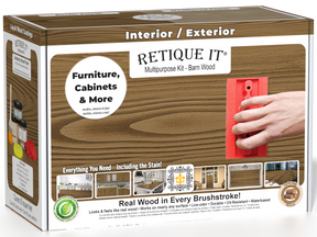 Retique It Wood'n Finish Kit in Barn Wood for multi-purpose wood finishing, includes brushes and applicators in a compact box.