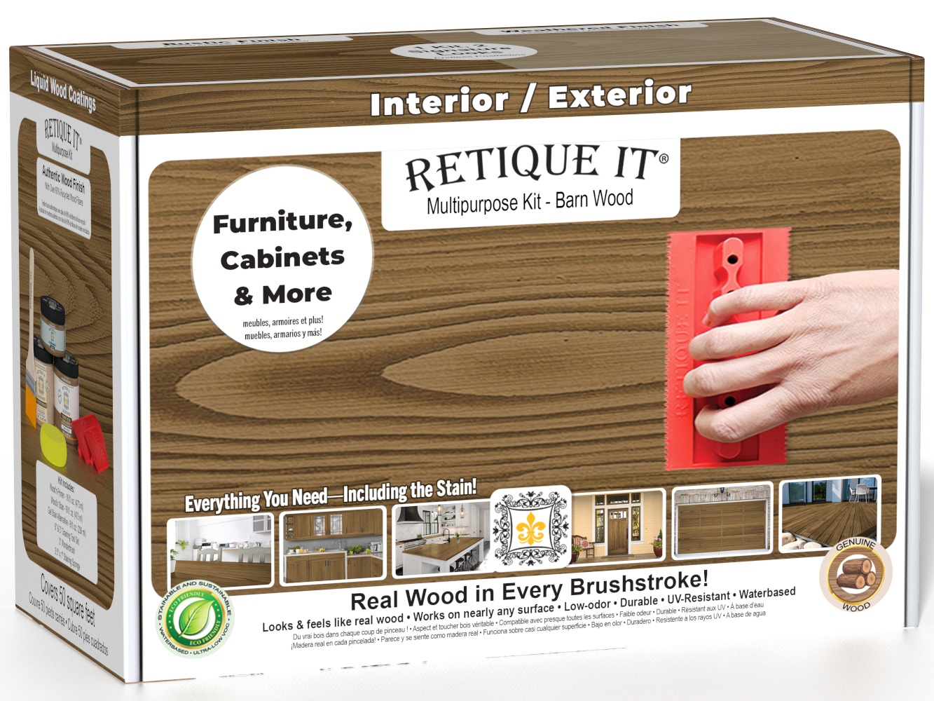 Retique It Wood'n Finish Kit in Barn Wood for exterior use, showing the box with wood finish products and application tools.