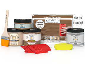 Painting supplies including jars, a brush, and a box labeled 'Retique It' on a white background.