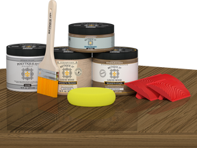 Retique It Wood'n Kit in Barn Wood finish, showing a multi-purpose exterior topcoat kit with wood stain and finishing supplies on a table.