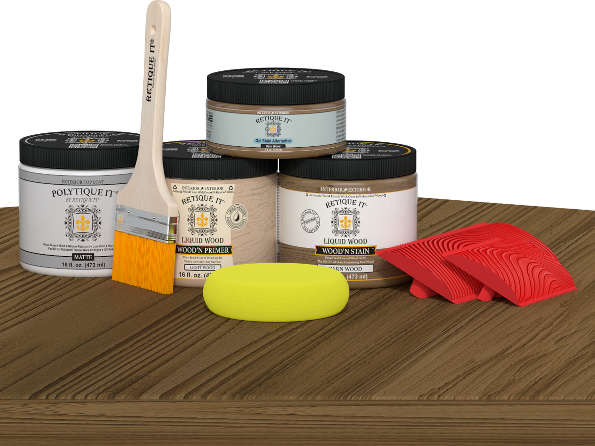 Retique It Wood'n Kit (Med) barn wood exterior topcoat with brushes and applicator on table for multi-purpose wood finishing.