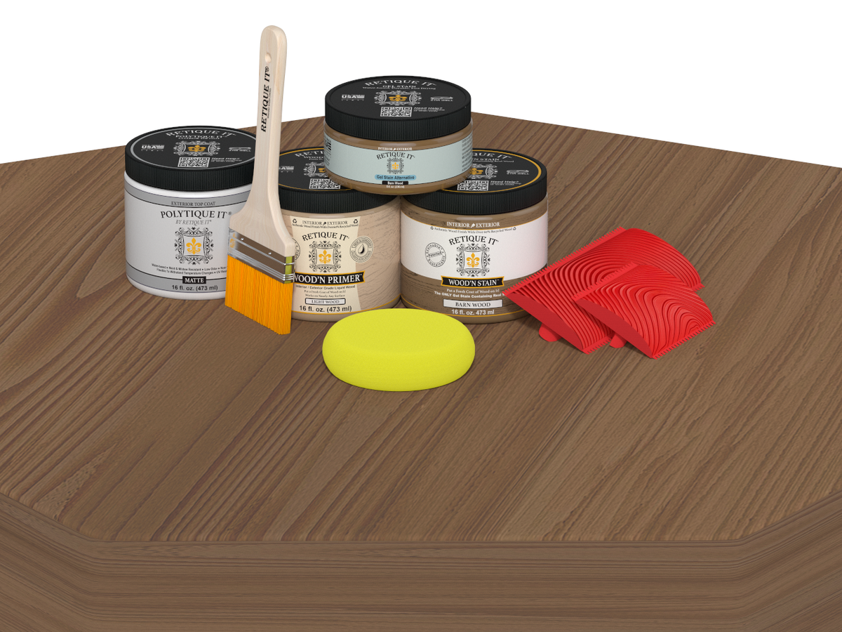 Paint cans, a brush, and a sponge on a wooden surface