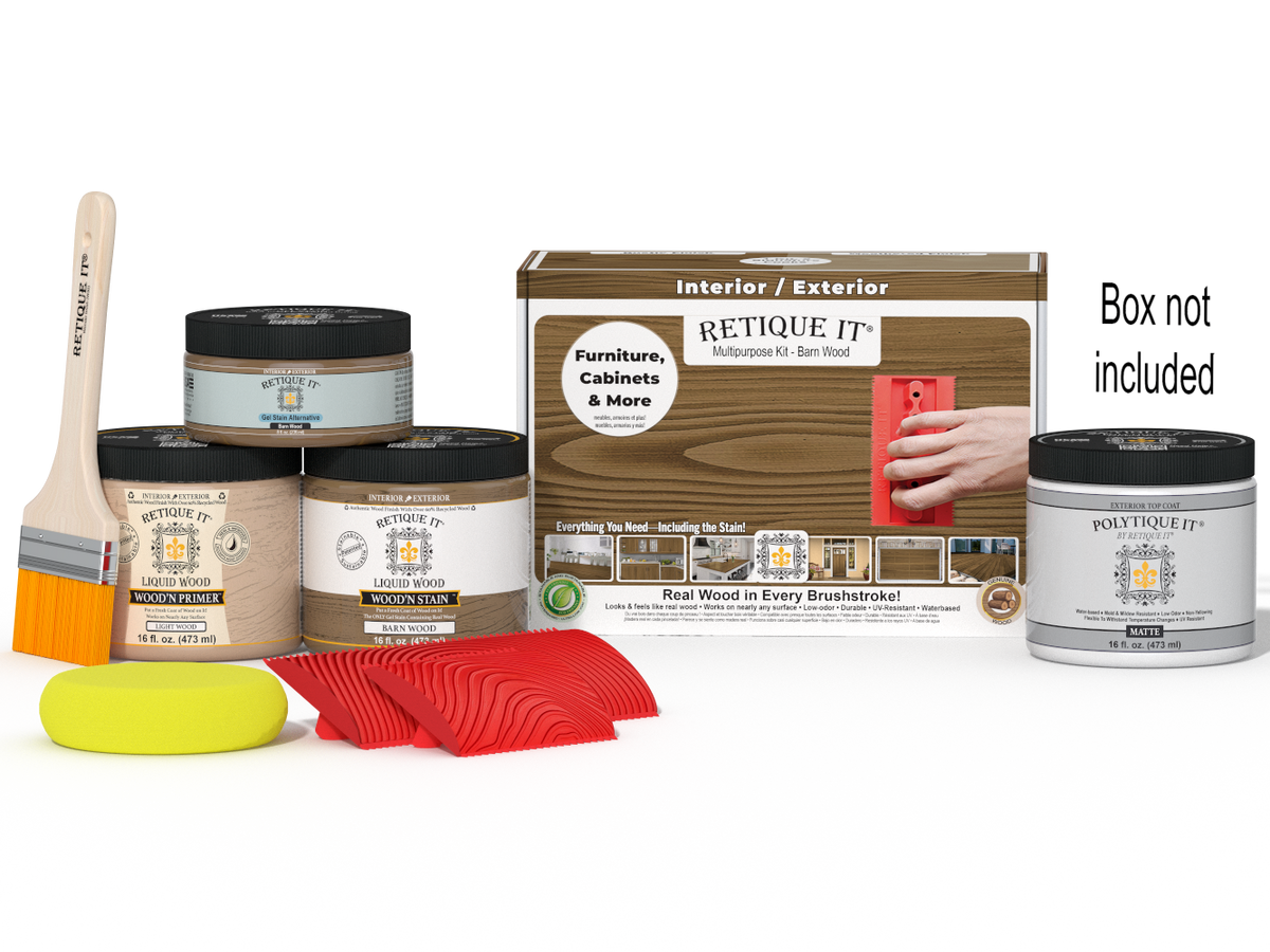 Retique It Wood'n Kit (Med) in barn wood finish for exterior topcoat, includes brushes and tools for wood finishing projects.