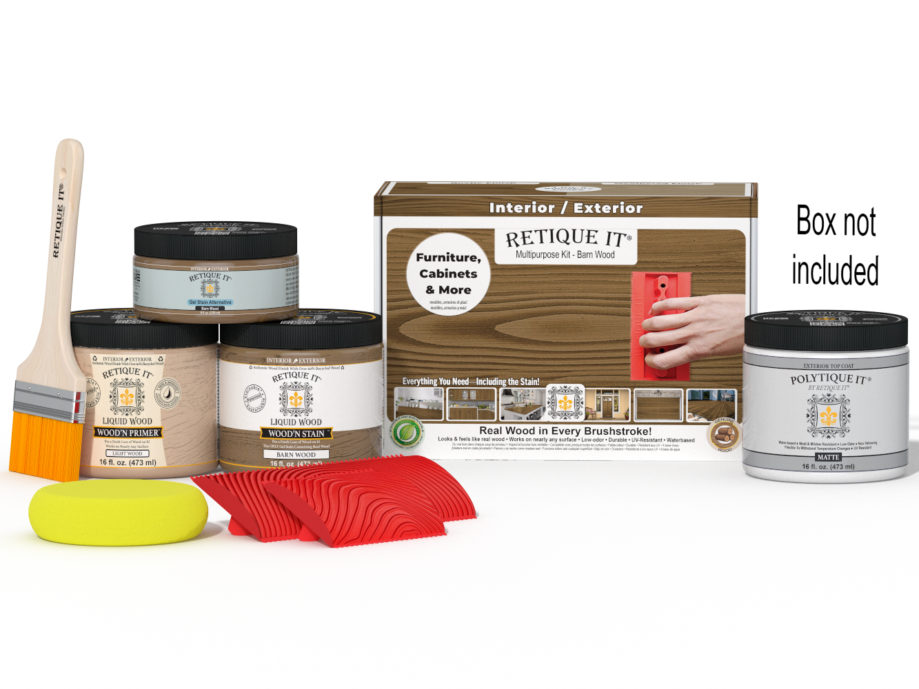 Retique It Wood'n Kit (Med) in barn wood finish for exterior topcoat, includes brushes and tools for wood finishing projects.