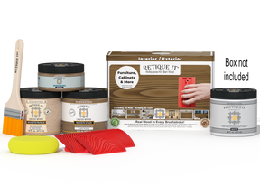Retique It Wood'n Kit (Med) in barn wood finish for exterior topcoat, includes brushes and tools for wood finishing projects.