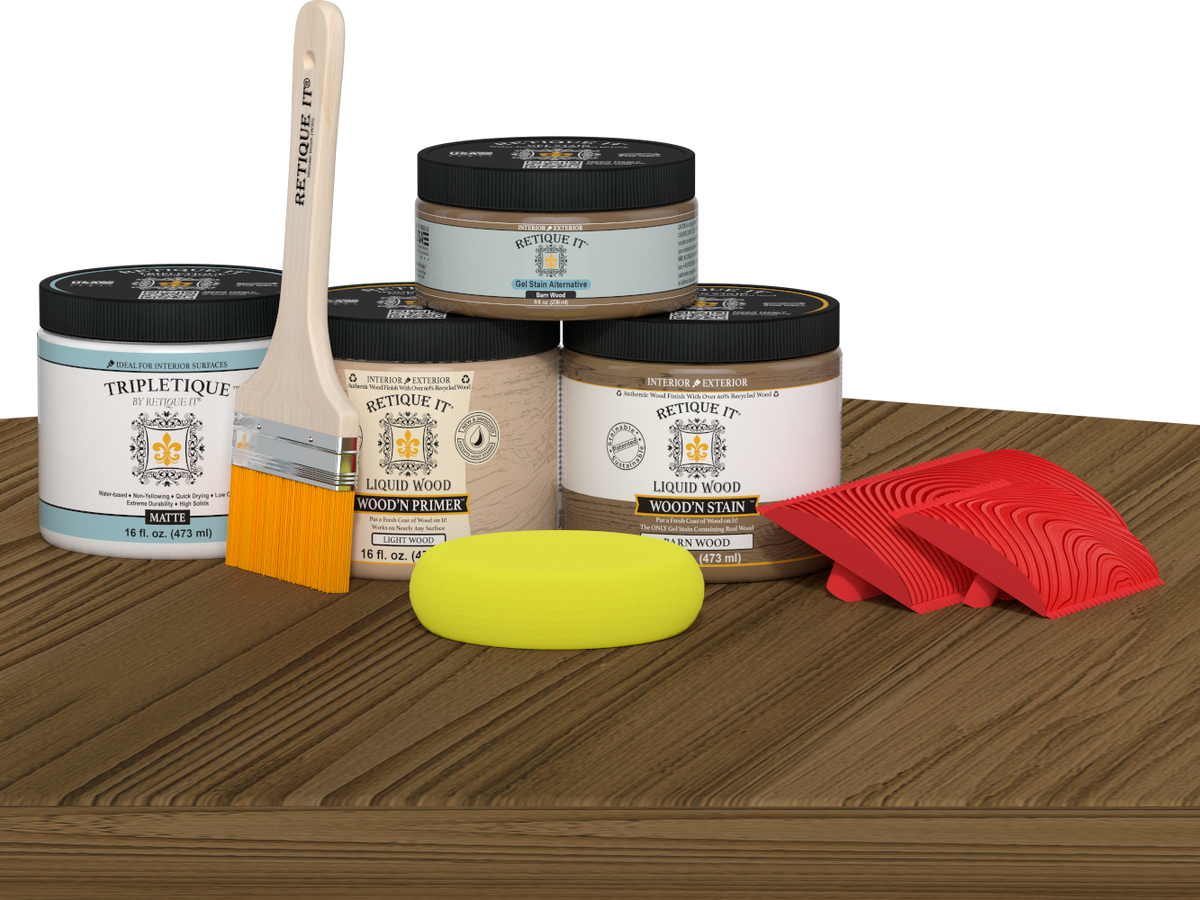 Retique It Wood'n Kit in barn wood finish, featuring interior topcoat and versatile wood finish supplies on a table.