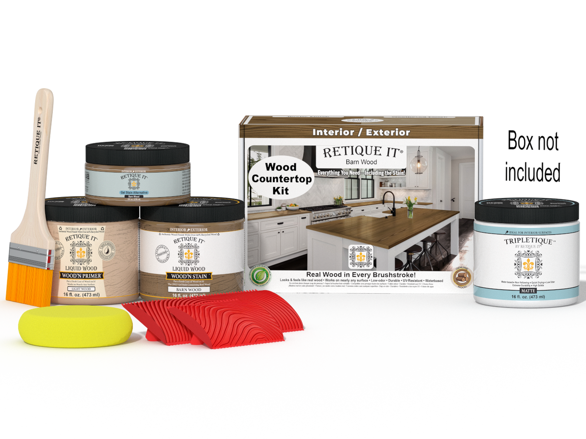 Retique It® barn wood stain kit for kitchen island countertops, includes staining supplies and sealed box, natural wood finish.