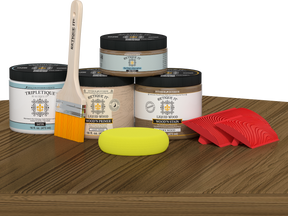 Retique It® barn wood stain countertop kit on kitchen island showcasing a rustic barn wood finish.